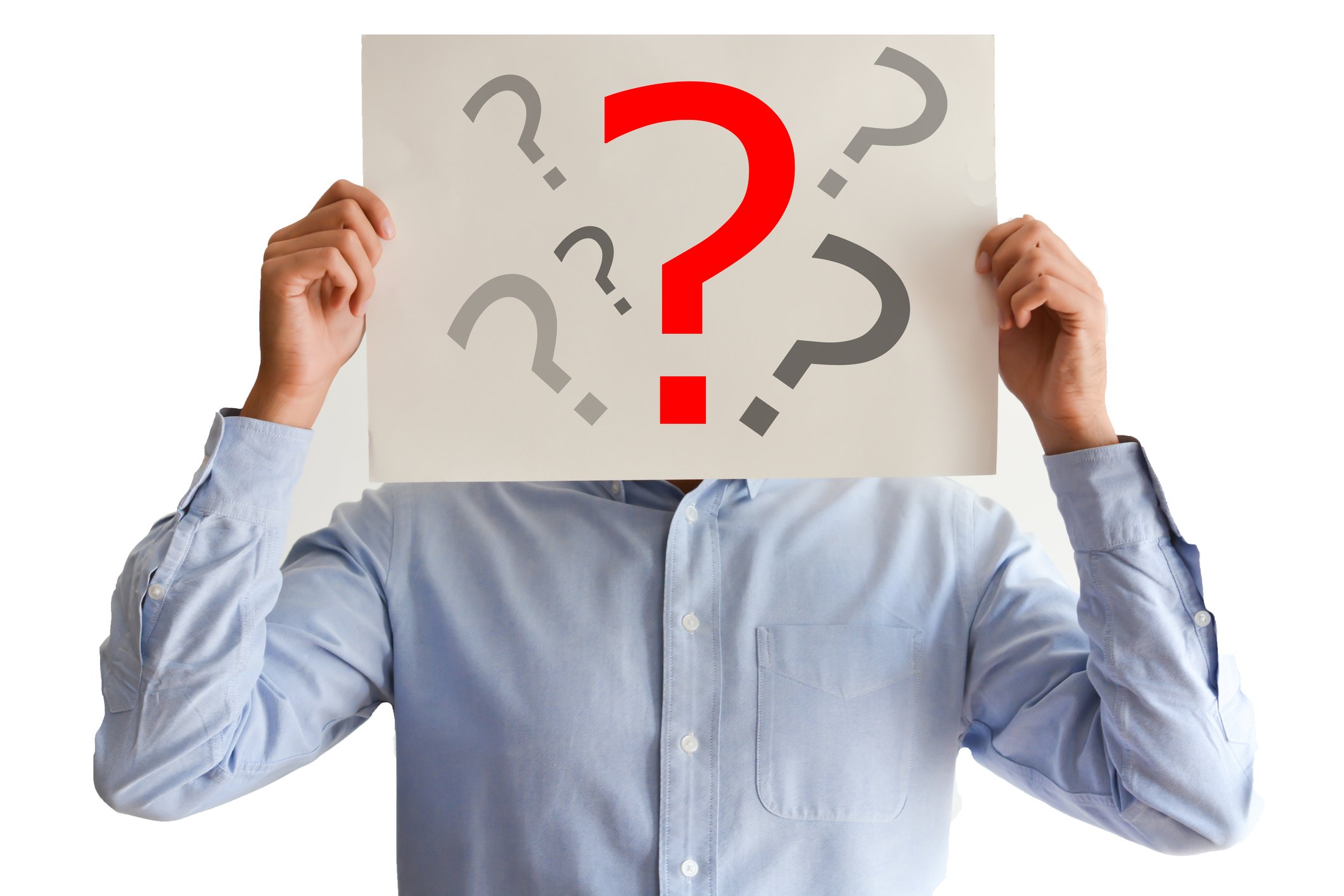 Employee dilemma with question marks on blank paper