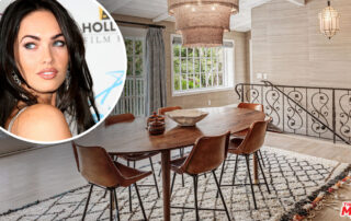 An MLS photo of Megan Fox' bohemian-inspired dining room in a mold-ridden Malibu mansion she purchased in 2016. Inset photo of actress Megan Fox.