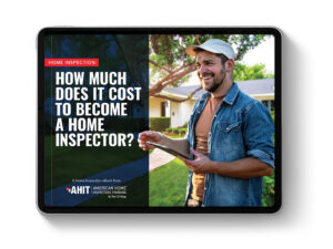 Black tablet displaying cover page of AHIT Ebook: How Much Does It Cost to Become a Home Inspector?
