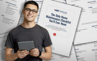 A smiling person with a tablet stands in front of a home maintenance checklist booklet titled "The Only Home Maintenance Checklist You'll Ever Need" by AHIT.
